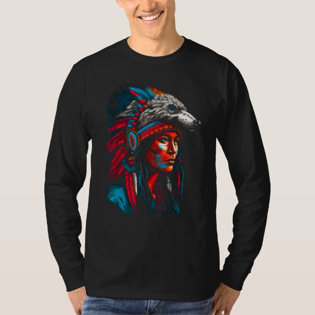 T-shirt Woman Wolf Head Native American Interconnected (Devant)