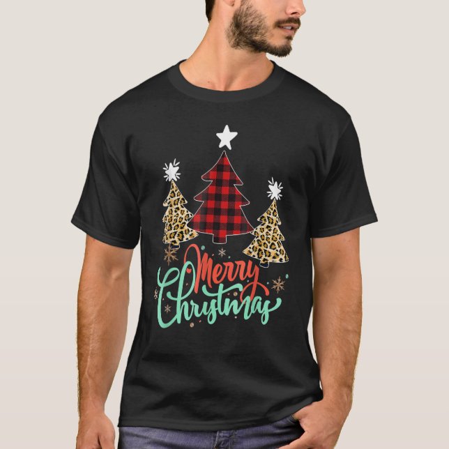 T-shirt Women Leopard Plaid Christmas Tree Merry Christmas (Devant)