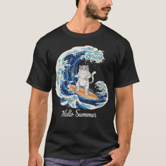 T-shirt Womens Cat With Sushi Wave Vintage Surfer Surfing 