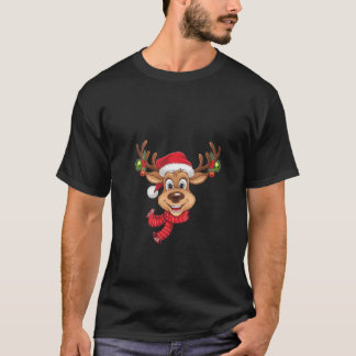 T-shirt Womens Cheerful Reindeer Face with Scarf Cute Chri