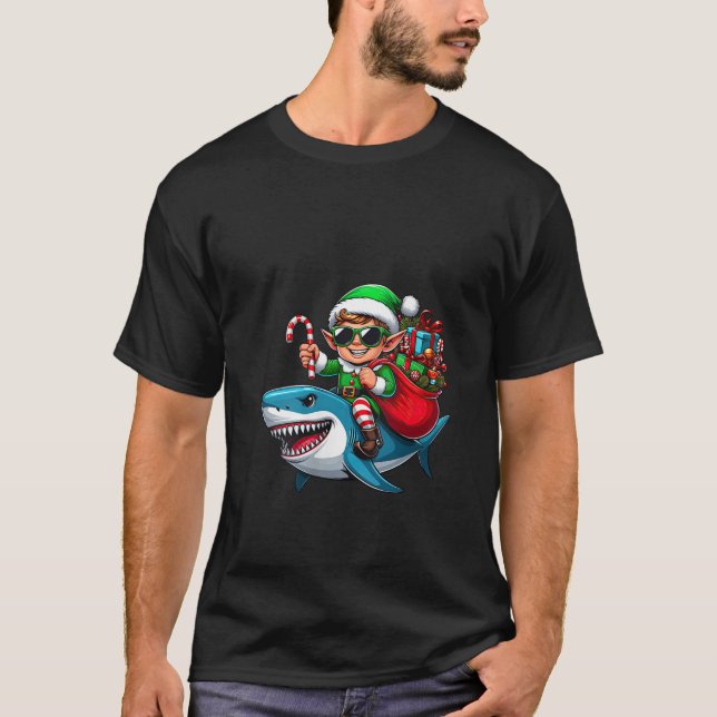 T-shirt Womens Christmas Elf Riding Shark Santa Hat Candy  (Devant)