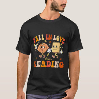 T-shirt Womens Groovy Fall In Love With Reading Thanksgivi