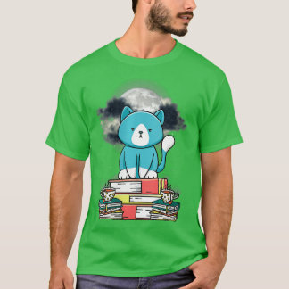 T-shirt Womens Kitten Chat Boire Thé Lecture Livres Étoile