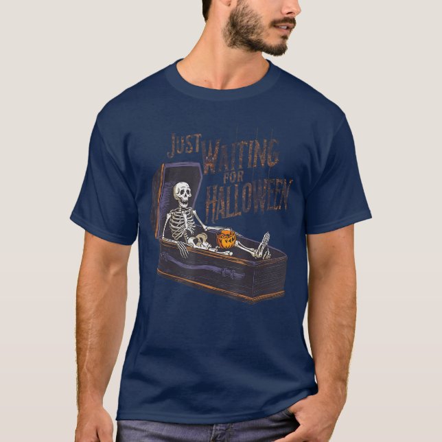 T-shirt Womens Mens Just Waiting For Halloween Skeleton Su (Devant)