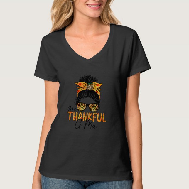 T-shirt Womens One Thankful G Ma Leopard Messy Bun Thanksg (Devant)