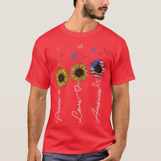 T-shirt Womens Peace Love America Sunflower Butterfly 4th 