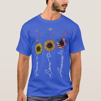 T-shirt Womens Peace Love America Sunflower Butterfly 4th 