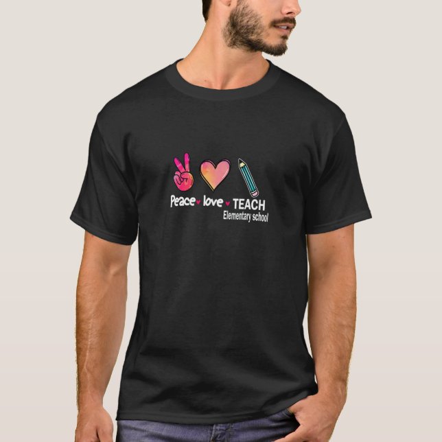 T-shirt Womens Peace Love Teach Elementary Pink Hand With  (Devant)