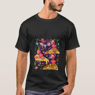 T-shirt Womens Three Santa Reindeer Flamingos Riding Pizza