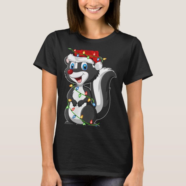 T-shirt Womens Xmas Lights Santa Hat Skunk Christmas V Nec (Devant)