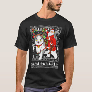 T-shirt Xmas Funny Père Noël Riding Scottish Fold Chat Ugl