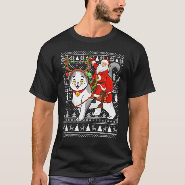 T-shirt Xmas Funny Père Noël Riding Scottish Fold Chat Ugl (Devant)