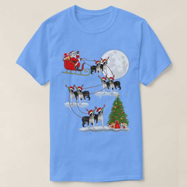 T-shirt Xmas Lighting Tree Santa Riding Boston Terrier Chr (Design devant)
