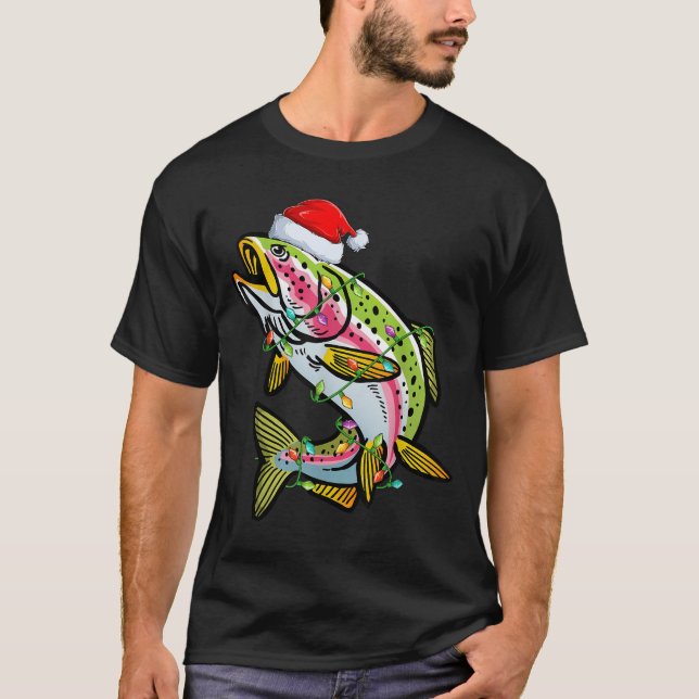 T-shirt Xmas Lights Santa Hat Rainbow Trout Fish Christmas (Devant)