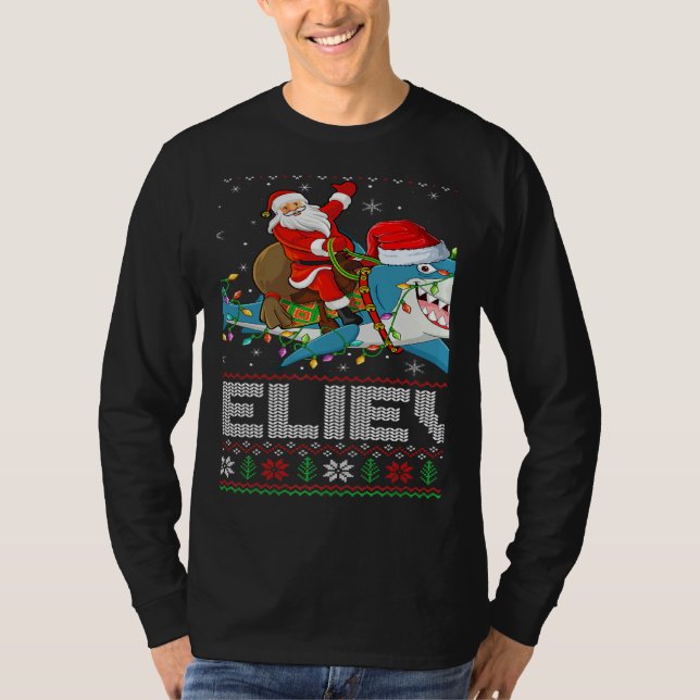 T-shirt Xmas Lights Shark Believe Ugly Santa Riding Shark  (Devant)