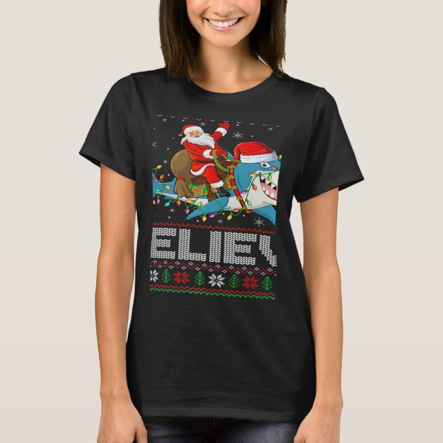 T-shirt Xmas Lights Shark Believe Ugly Santa Riding Shark  (Devant)
