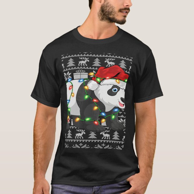 T-shirt Xmas Lights Ugly Santa Hat Panda Christmas (Devant)