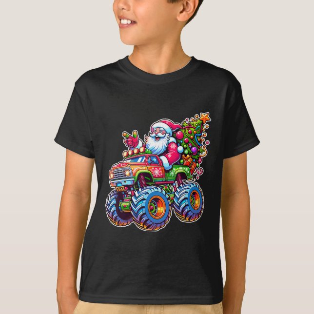 T-shirt Xmas Santa Riding Funny Christmas Monster Truck Bo (Devant)