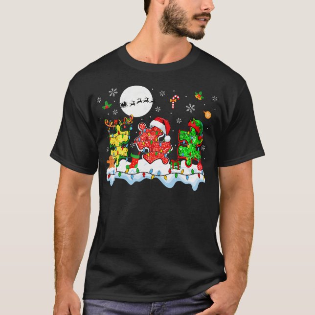 T-shirt Xmas Three Santa Reindeer Elf Autism Awareness Puz (Devant)