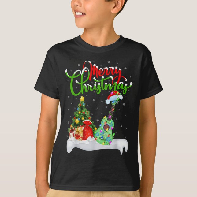 T-shirt Xmas Tree Lights Santa Hat Musical Ukulele Guitar  (Devant)