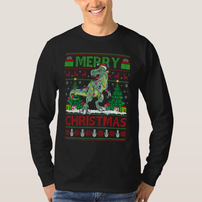 T-shirt Xmas Tree Lights Ugly Santa Spinosaurus Dinosaur C (Devant)