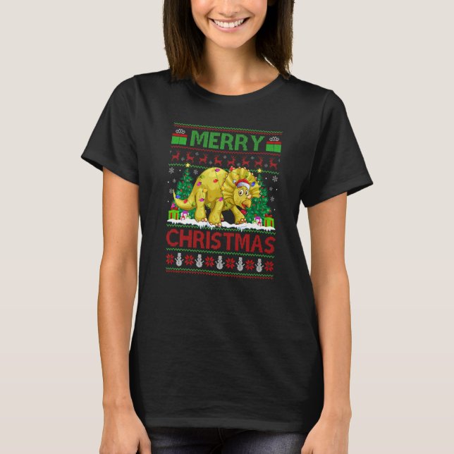 T-shirt Xmas Tree Lights Ugly Santa Triceratops Dinosaur C (Devant)