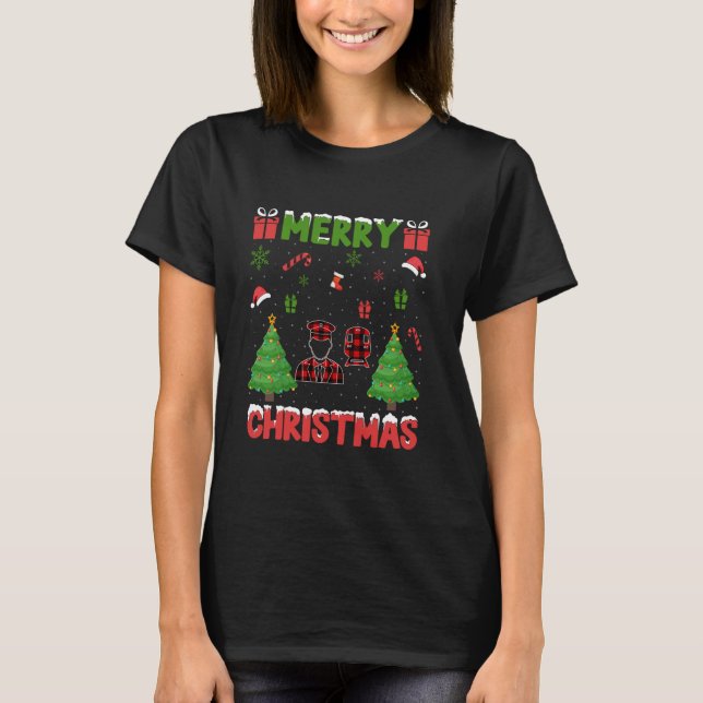 T-shirt Xmas Tree Red Buffalo Plaid Conducteur de train la (Devant)