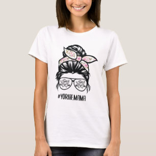 T-shirt Yorkie Maman Messy Bun Lunettes de cheveux, Yorksh