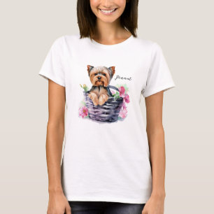 T-shirt Yorkie personnalisé dans le panier aquarelle