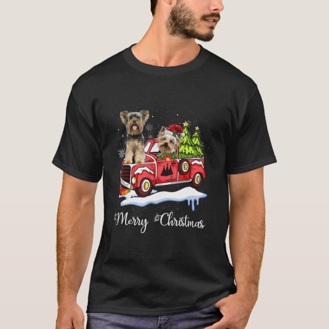 T-shirt Yorkies Ride Red Truck Noël (Devant)