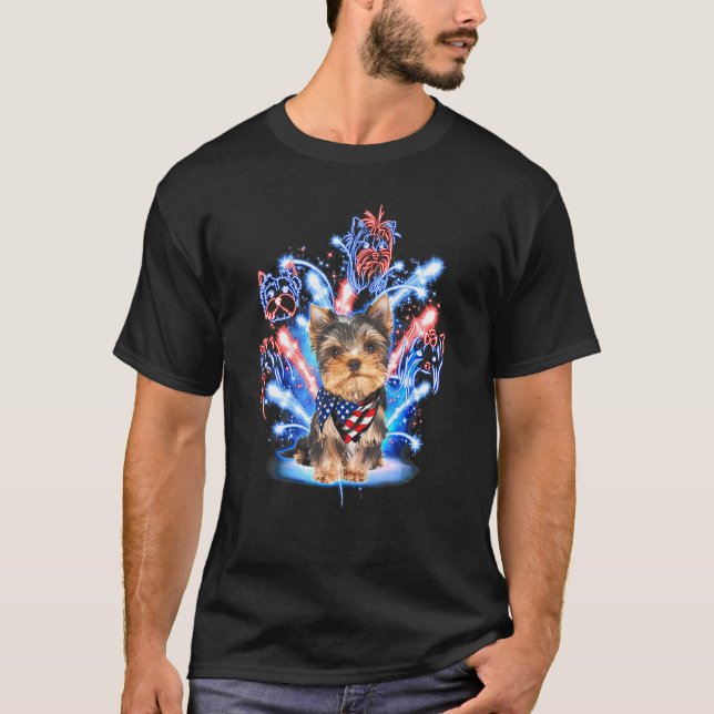 T-shirt Yorkshire Terrier Fireworks Couleur Drapeau améric (Devant)
