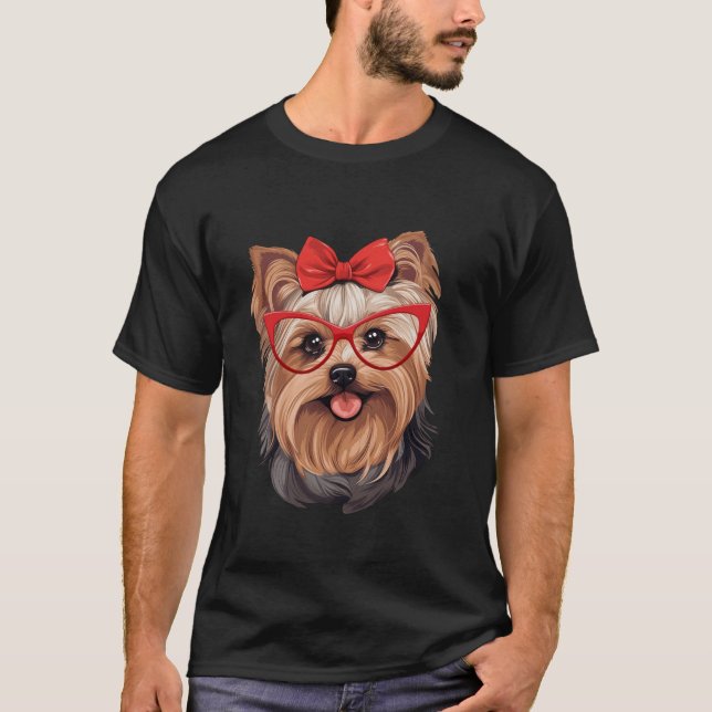 T-shirt Yorkshire Terrier Portant Des Verres Rouges Et Un  (Devant)
