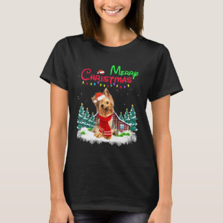 T-shirt Yorkshire Terrier Santa Hat Christmas Lights Merry