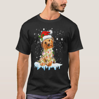 T-shirt Yorkshire Terrier Santa Hat Xmas Lumières Chien