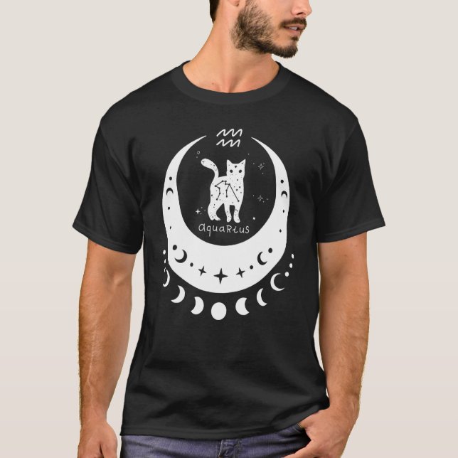T-shirt Zodiac Aquarius Horoscope Astrology Cat Crescent M (Devant)