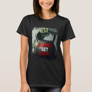 T-shirt Zombie Hand Holding a Kettle Bell - Brains Get Gai