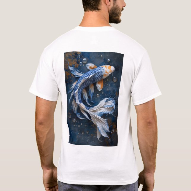 T - Shirt zum Zen-Teich von blauem und weißem Koi (Rückseite)