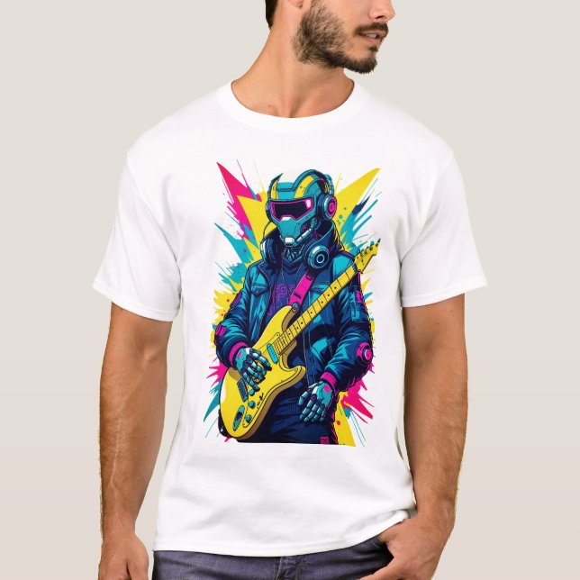 T-ShirtCyberpunk Robot Guitarist Synthwave Art Tee (Vorderseite)