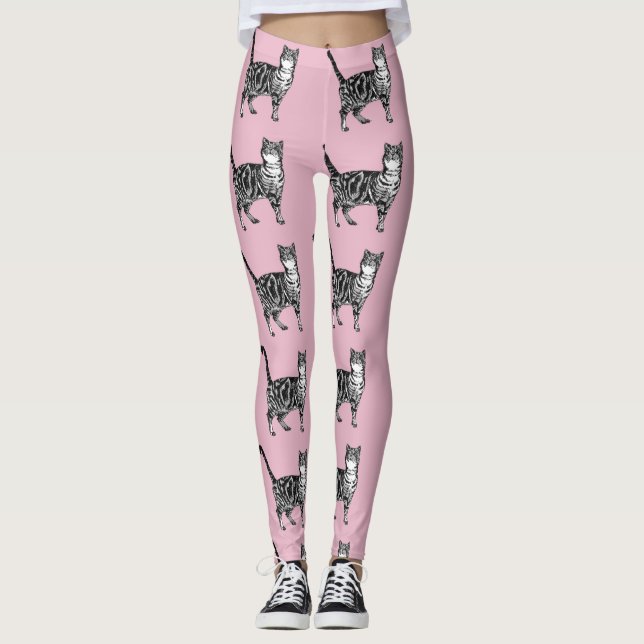 Tabby Cat Animal Black and Pink Leggings (Vorderseite)