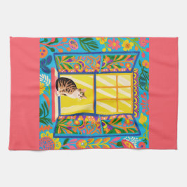 Tabby Cat at Sunny Window T Towel | Colorful Flora Geschirrtuch