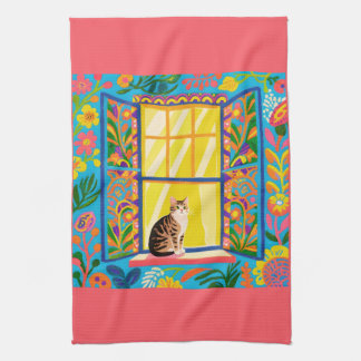 Tabby Cat at Sunny Window T Towel | Colorful Flora Geschirrtuch