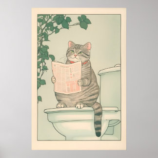Tabby Cat Bathroom Print Funny Japanese Ukiyo-e Poster
