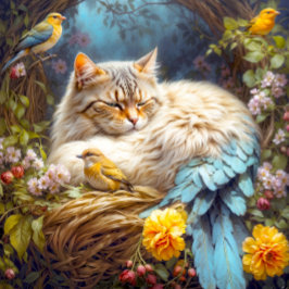 Tabby Cat-Bird Nesting with Three Birds