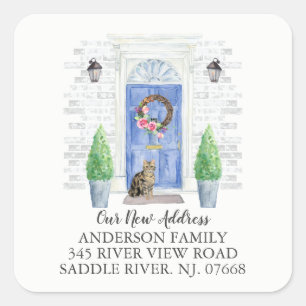 Tabby Cat Blue Door New Address Étiquette Sticker