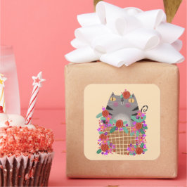 Tabby Cat & Blume Quadratischer Aufkleber