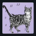 Tabby Cat Cats Animal Childs Kids pastel Purple Sq Quadratische Wanduhr<br><div class="desc">Tabby Cat Cats Art Animal Childs Pastel Puple Room Decor Clock. Designed from my original ink drawing art.</div>