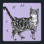 Tabby Cat Cats Animal Childs Kids pastel Purple Sq Quadratische Wanduhr<br><div class="desc">Tabby Cat Cats Art Animal Childs Pastel Puple Room Decor Clock. Designed from my original ink drawing art.</div>