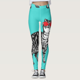 Tabby Cat Cool Animal Black and Aqua Leggings