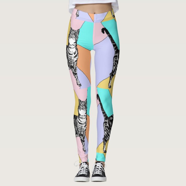 Tabby Cat Cool Animal Pastel Harlequin Leggings (Vorderseite)