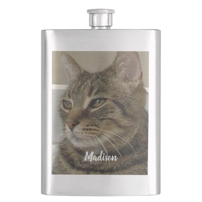 Tabby Cat Foto Personalisiert Name Flachmann (Vorderseite)